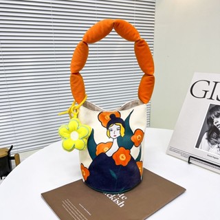 ♚♚Keshan Store [Fashion Summer] Leaf Original Illustration Series Cotton Shoulder Strap Bucket Bag Shoulder Bag Shanhaijing Portable Artistic Canvas Handbag