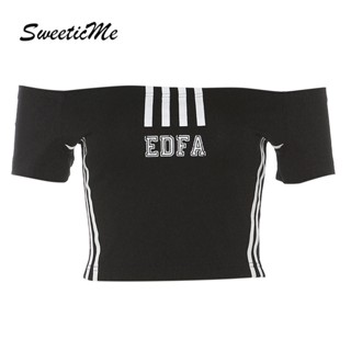 Sweeticme เสื้อครอปแขนสั้น เปิดไหล่ พิมพ์ลายตัวอักษร แฟชั่นสําหรับผู้หญิง 2023