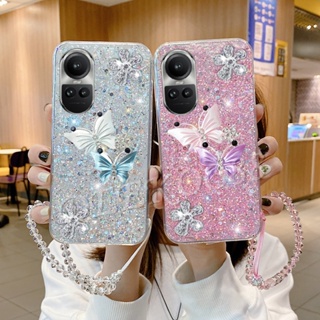 เคสโทรศัพท์มือถือ TPU แบบนิ่ม ลายผีเสื้อ 3D ประดับกลิตเตอร์ และโซ่ สําหรับ OPPO Reno 10 Pro Plus 10Pro 10Pro+ A78 A58 4G 5G Reno10 Pro