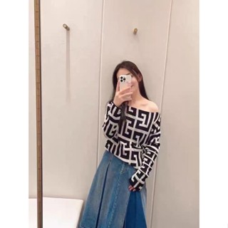 CN5P BALMANIN 2023 retro fashionable classic maze pattern shoulder loose long sleeve all-match knitted top