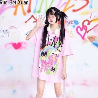 Ruo Bei Xuan ใหม่ผู้หญิงเสื้อยืดแขนสั้นน่ารักและหวานสลิมมิ่งหลวมลำลองคอกลมแขนสั้นด้านบน