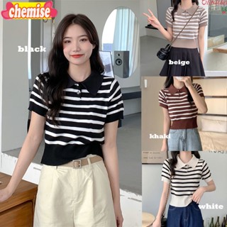 Chemisegrace✨พร้อมส่ง✨ เสื้อไหมพรมครอปรุ่น ลายทาง เสื้อไหมพรมแขนสั้น สไตล์เรโทร 29019