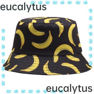 Eucalytus1 หมวกไม้ไผ่ สองด้าน ป้องกันแสงแดด พลัสไซซ์ หมวกชาวประมง เดินป่า ตั้งแคมป์ ป้องกันรังสียูวี พิมพ์ลายผลไม้ หมวกชายหาด ฤดูร้อน