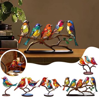 ღ Stained Birds On Branch Desktop Ornaments Double Sided Colourful Birds Series Animal Shape Iron Art Craft Flat Surface Birds Statue Gift