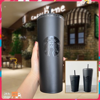 Ready stock Starbucks Double Layer Straw Cup Straight Body Matte Black Coffee Cup Frosted Straw Cup 16oz/24oz above_th