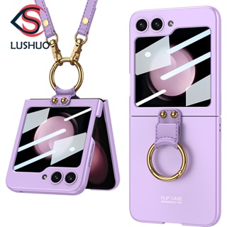 Lushuo เคสโทรศัพท์มือถือหนัง PC บางพิเศษ พร้อมแหวนขาตั้ง และสายคล้อง สําหรับ Samsung Galaxy Z Flip 5 ZFlip5 ZFlip 5