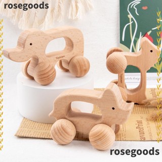 Rosegoods1 รถไม้ ไร้ BPA รถขนาดเล็ก ของเล่นมอนเตสซอรี่ มือกด การ์ตูน บล็อกไม้ เด็ก