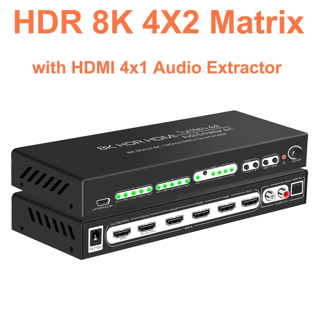 8k 60Hz HDMI Matrix 4x2 3D ARC HDR10 HDMI Switch Splitter 4K120Hz Video Converter 4x1 Audio Extractor 4 In 2 Out Dual Display สําหรับ PS3 PS4 PS5 กล ้ องแล ็ ปท ็ อป PC To TV Monitor
