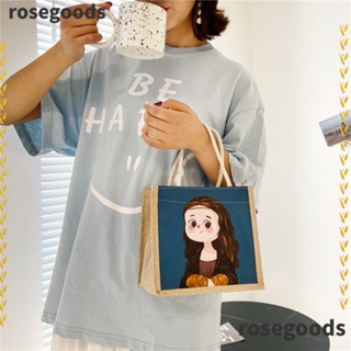 Rosegoods1 กระเป๋าถือ กระเป๋าสะพายไหล่ ผ้าแคนวาส พิมพ์ลาย ผ้าลินิน หลากสี สไตล์วินเทจ สําหรับผู้หญิง