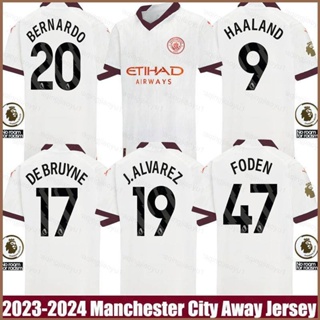 เสื้อกีฬาแขนสั้น ลายทีม Manchester City Away Bernardo Grealish Haaland Alvarez Foden DeBruyne HQ1 2023-2024 พลัสไซซ์ QH1