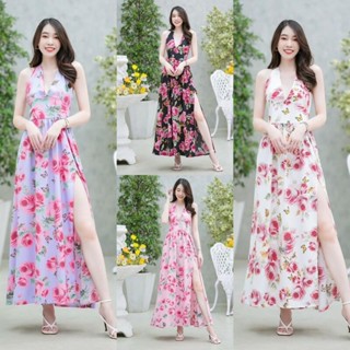 CC 16660 Dress ยาว ผ่าหน้า เอวสม้อค สายผูกคอ เดรส ไปทะเล เที่ยวทะเล (ฟรีไซส์ M อก 32-36 เอว24-32 สพ36-42 ยาว50)