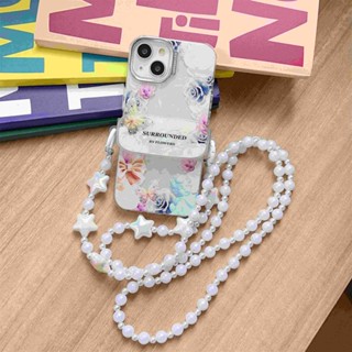 เคสโทรศัพท์มือถือ PC TPU นิ่ม แบบใส ลายผีเสื้อ ดอกไม้ แต่งกลิตเตอร์ พร้อมสายโซ่คล้องคอ สําหรับ iPhone 11 13 14 12 Pro Max