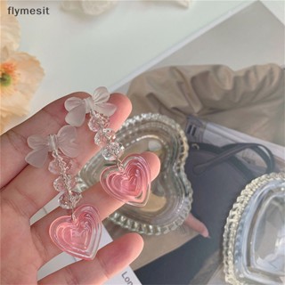 Flymesit ต่างหูระย้ายาว ประดับคริสตัล รูปหัวใจ โบ สีชมพู สไตล์ฮาราจูกุ แฟชั่นวินเทจ สําหรับผู้หญิง Y2K EN