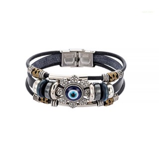 San* สร้อยข้อมือแฟชั่น สายรัดข้อมือหนังหลายชั้น สเตนเลส สําหรับ Evil Eye Bangl