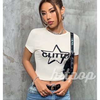 Hitpop- เสื้อครอปท็อป คอกลม แขนสั้น พิมพ์ลายดาว โชว์สะดือ สําหรับผู้หญิง