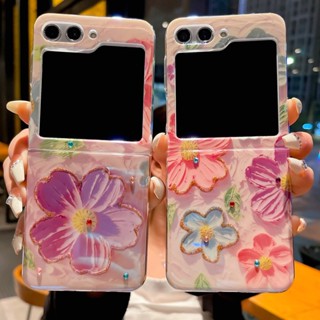 เคสโทรศัพท์มือถือแบบแข็ง ฝาพับ กันกระแทก ลายดอกไม้ ประดับเพชร สีม่วง สําหรับ Samsung Galaxy Z Flip 5 4 3 5G Flip5 Flip4 Flip3