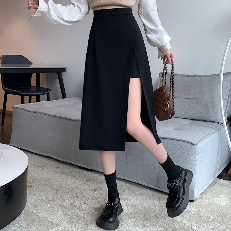 พร้อมส่งจากไทย S-4XL กระโปรงเอวสูงผ่าข้างดูผอม สไตล์วิทยาลัย กระโปรงยาวทรงเอผู้หญิง