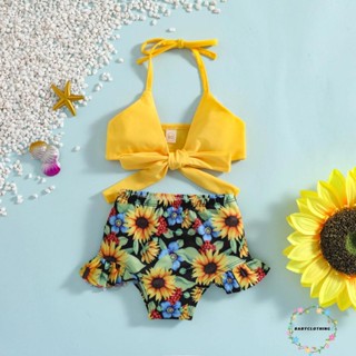 Babyclothes- เสื้อบิกินี่ สายคล้องคอ และกางเกงขาสั้น ลายดอกทานตะวัน ประดับโบว์ แฟชั่นฤดูร้อน สําหรับเด็กทารก