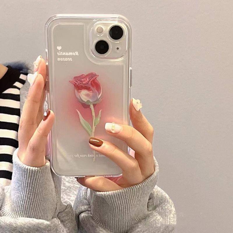 เคสโทรศัพท์ซิลิโคน TPU ใส แบบนิ่ม ลายดอกกุหลาบ สีชมพู หรูหรา สําหรับ iPhone 15 14 13 12 Pro Max 11 XS XR X 8 7 6 6S Plus 12Mini 13Mini SE2020