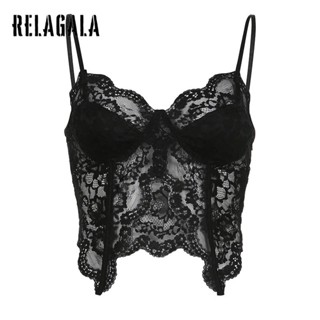 Relagala เสื้อกล้ามซีทรู คอวี แต่งลูกไม้ สีพื้น เซ็กซี่ แฟชั่นสําหรับสตรี 2023