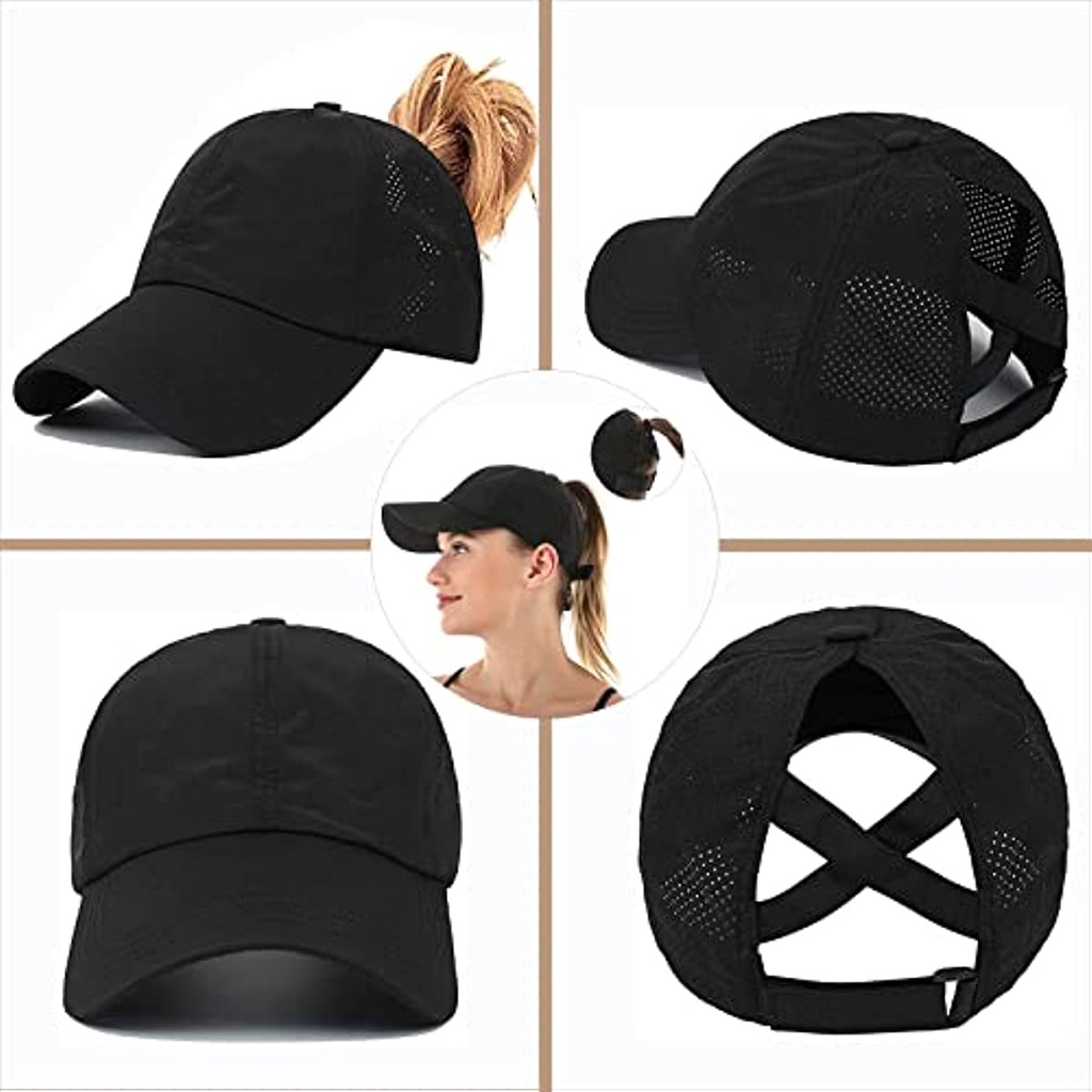จัดส่งจากประเทศไทย COD หมวกเบสบอลหางม้าของผู้หญิง, ปรับระบายอากาศ Criss Cross ตาข่ายแห้งเร็ว Messy High Bun Ponycap หมวก