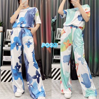 เสื้อยืดแขนสั้นพิมพ์ลาย +กางเกงขากว้าง   ผ้าcotton100%  ชุดเซ็ตขายาว ชุดเซ็ทผู้หญิง