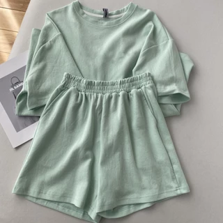 สีทึบ ชุดเซ็ท2ชิ้น เสื้อยืดคอกลม-กางเกงขาสั้นเอวยืด สีพาสเทล น่ารักมากๆ ใส่สบาย ได้ทุกล
