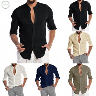 GORGEOUS~Men Long Sleeve Cotton-Linen Shirt Button Stand Collar Baggy Solid Tops T-Shirt