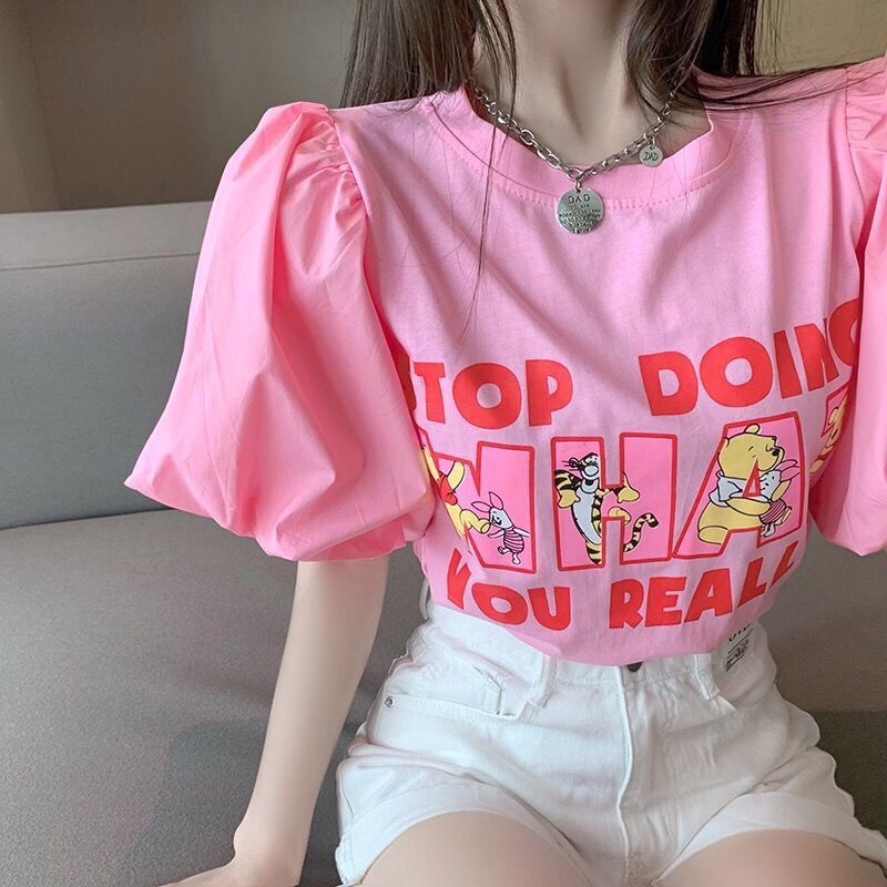 เสื้อยืดแขนพัฟ ผ้าฝ้าย พิมพ์ลายการ์ตูน ทรงหลวม ขนาดใหญ่ เข้ากับทุกการแต่งกาย สไตล์เกาหลี 2023