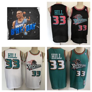 Detroit Pistons #33 Grant Hill เสื้อบาสเก็ตบอลสีดำของผู้ชายสั้น -เสื้อยืดกีฬา