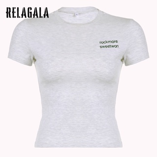 Relagala ใหม่ เสื้อยืดแขนสั้นลําลอง เข้ารูป สีพื้น เซ็กซี่ แฟชั่นเรโทร สําหรับสตรี 2023