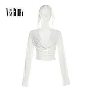 Vesglory เสื้อครอปแขนยาว คอวี มีฮู้ด เข้ารูป สีพื้น แฟชั่นสําหรับผู้หญิง 2023