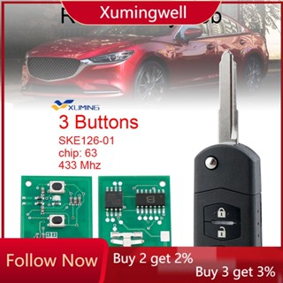 Xuming รีโมตกุญแจรถยนต์ 3 ปุ่ม 433MHz พร้อมชิป ID63 80bit SKE126-01 สําหรับ MAZDA Car 2 M2 Demio 3 M3 Axela