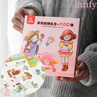 LANFY 100 Sheets Cute PET Stickers Set High Capacity Paper Decals Decoration Sticker Box Cartoon Character Gift Box Kawaii Drink Food Animals Girls Pattern Diary Photos Albums Adhesive Stationery