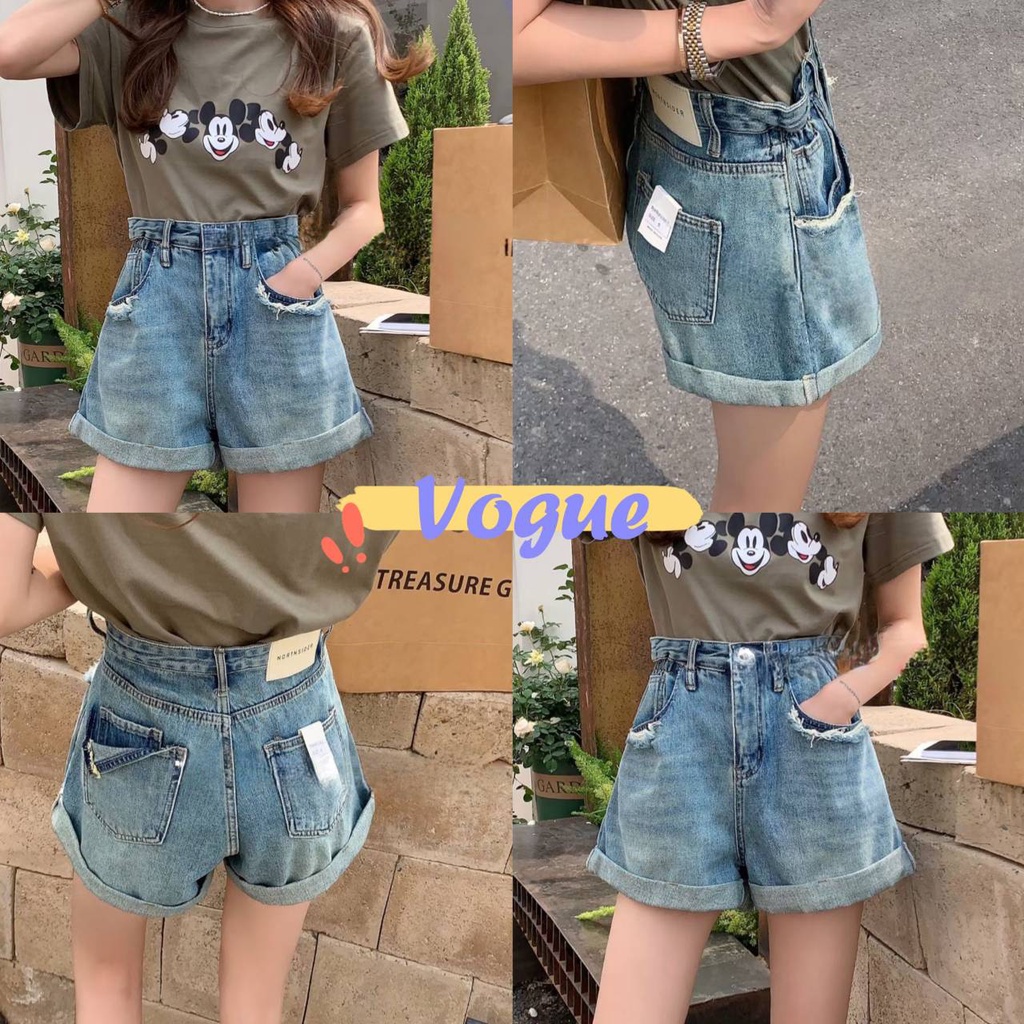 Vogue พร้อมส่ง กางเกงยีนส์ขาสั้นเอวสูง ขาพับเก๋ๆ วินเทจเท่ๆ (1926) -NZ-QY -N