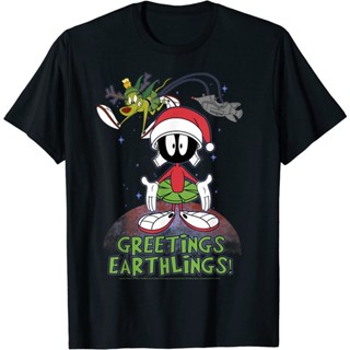 HUEเสื้อยืดแขนสั้น พิมพ์ลายการ์ตูน Marvin Greetings Earthlings Looney Tunes นําเข้าจากอะนิเมะ แฟชั่นสําหรับเด็กผู้ชาย แล