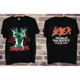 sadasเสื้อยืดพิมพ์ลายแฟชั่น เสื้อยืด ผ้าฝ้าย 100% พิมพ์ลาย SLAYER Root Of All Evil WORLD SACRIFICE ทัวร์ทัวร์ 1988 LHZY