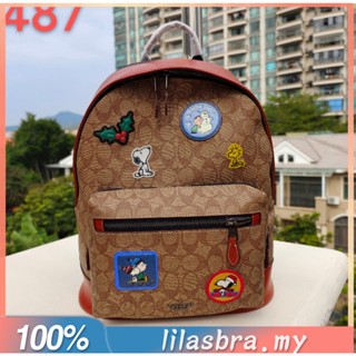 COACH CE487 Snoopy กระเป๋าเป้สะพายหลัง ลายสนูปปี้ สไตล์การ์ตูน กระเป๋าข้างมีซิป ความจุสูง 487