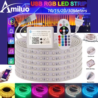 【ส่งจากกรุงเทพ】Amiluo ไฟ LED Strip Light 5050 220V ไฟเส้น RGB ไฟริบบิ้น สำหรับตกแต่ง ห้องนอนหรือร้านค้า กันน้ำ แข็งแรงทนทาน