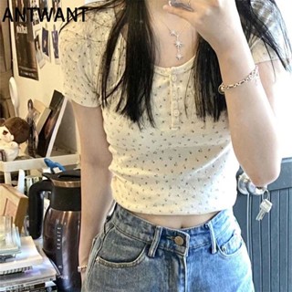 ANTWANT เสื้อยืดแขนสั้นไหล่ลายดอกไม้เล็กๆสำหรับสาวฮอตสไตล์หวานบริสุทธิ์เสื้อตัวสั้นดีไซน์ใหม่สำหรับผู้หญิงฤดูร้อน