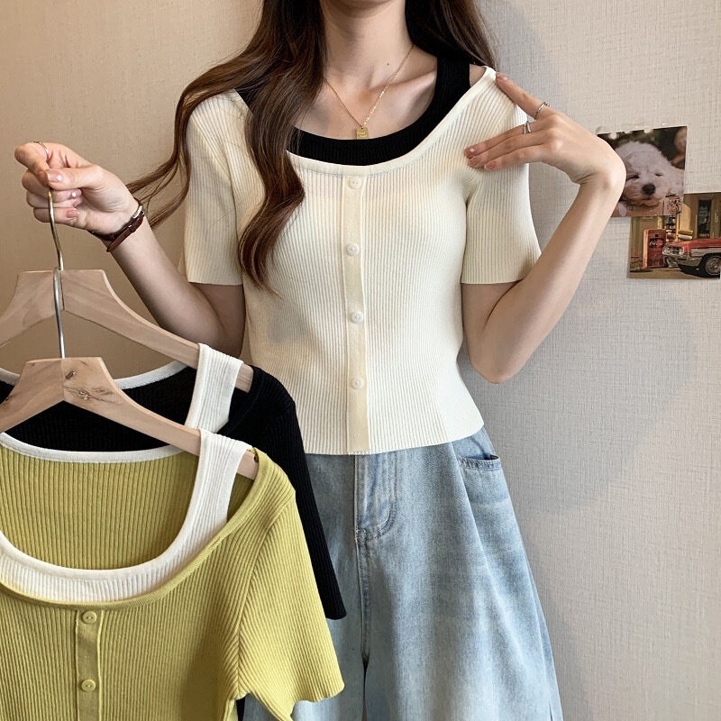 ArayaLady-CF0616 เสื้อไหมพรมแขนสั้น เสื้อคล้าย 2ชิ้น สีทูโทน (72012)