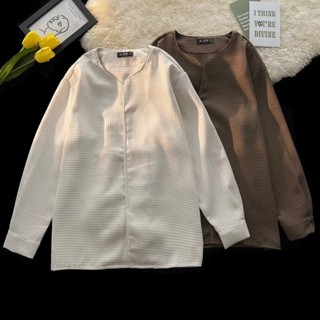 MNO.9 Shirt JK02 เสื้อเชิ้ตชาย แขนยาว แฟชั่นเกาหลี คอวี ผ้าวาฟเฟิล วินเทจ