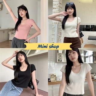 Mini shop🌸พร้อมส่ง🌸 (6A97) เสื้อไหมพรมสีพื้น คอกลมแขนสั้น  ผ้าร่อง ยืดเล็กน้อย  -C