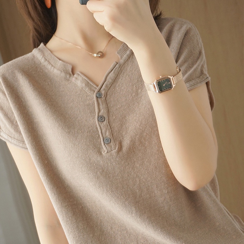 เสื้อยืดแขนสั้น ผ้าฝ้าย และผ้าลินิน แบบถัก แบบเรียบง่าย แฟชั่นฤดูร้อน สําหรับผู้หญิง