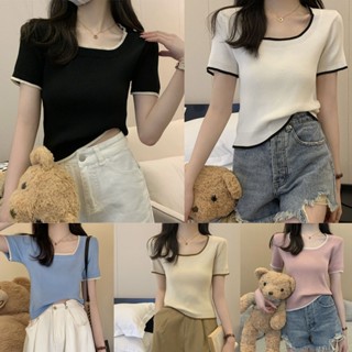 mimi&amp;didi 💖เสื้อครอปแขนสั้นคอเว้า 5 สี ทรงพอดีตัว ใส่สบาย 29028