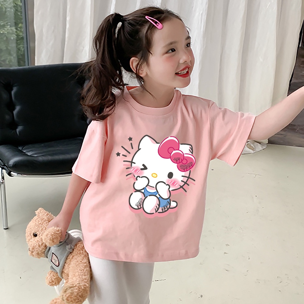 เสื้อยืดแขนสั้น แบบนิ่ม พิมพ์ลาย Hello Kitty สวมใส่สบาย แฟชั่นฤดูร้อน สําหรับเด็กผู้หญิง