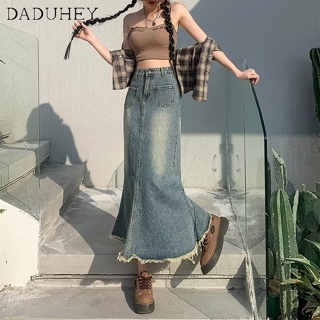 DaDuHey🎈 Womens New Summer 2023 Retro Denim Skirt High Waist Slimming Frayed Mid-Length Fishtail Skirt