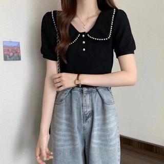 🌸Breeze🌸ขนาดพลัส เล็บลูกปัดแขนสั้น เสื้อยืด ออกแบบสำหรับน้องสาวอ้วน สไตล์ฝรั่งเศส🌸(จัดส่ง 24 ชั่วโมง)🌸