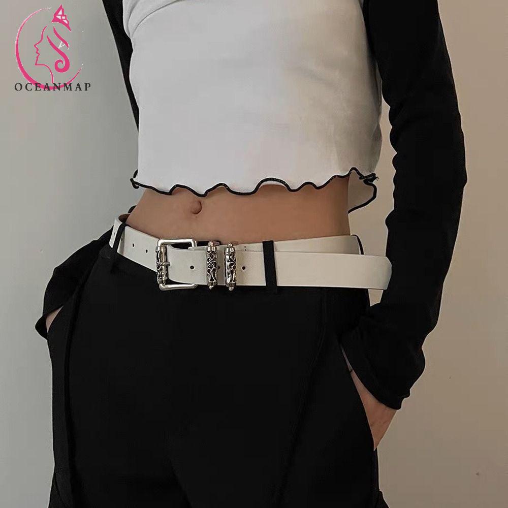 Oceanmap เข็มขัดหนัง PU หัวเข็มขัดกลวง ลายดอกไม้ หรูหรา เข้ากับทุกการแต่งกาย สไตล์เกาหลี สําหรับผู้หญิง