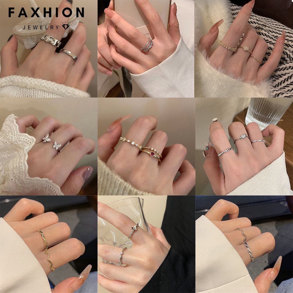 Faxhion ชุดแหวนเพทาย คริสตัล เรโทร มุก ผีเสื้อ หัวใจ ทอง เงิน สําหรับผู้หญิง เครื่องประดับ อุปกรณ์เสริม